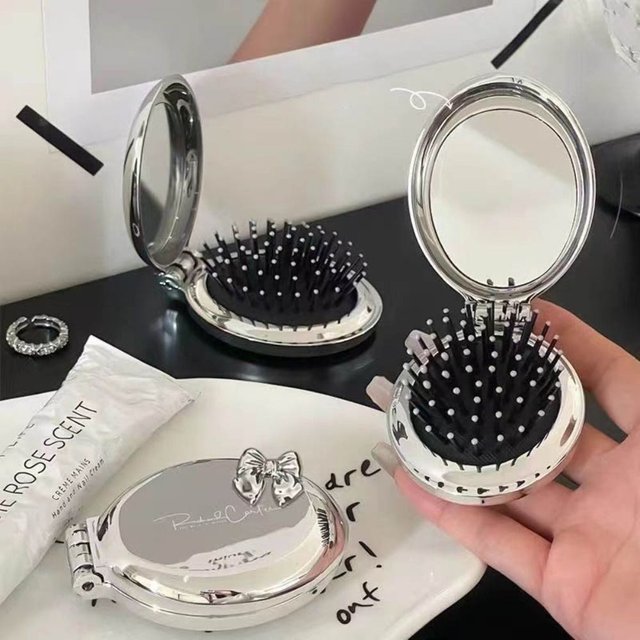 1PC Portable Bow Folding Comb Air Cushion Silver Mini Hair Brush with Mirror Plastic Pocket Comb Travel-Friendly