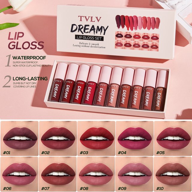 10-piece Dreamy Lip Color Set, Matte Satin Finish, Waterproof and Sweat-resistant Lip Gloss Gift Box
