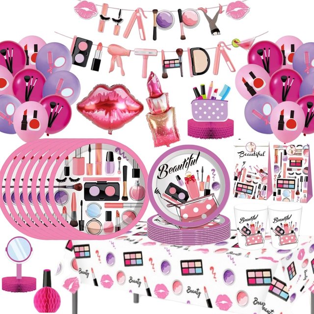 Spa Make up Birthday Party Supplies Cosmetic Girls Favors Tableware Plates Cups Balloons for Girls Birthday Party Wedding Decor