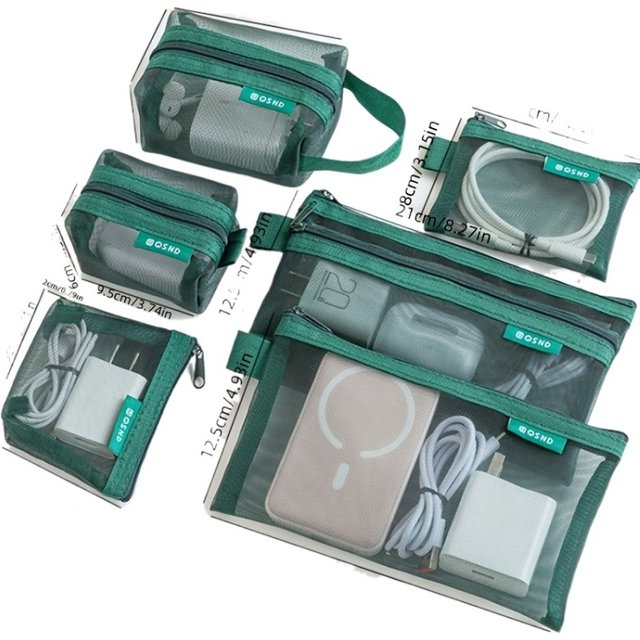 6pcs Transparent Mesh Storage Pouch Makeup Toiletry Bag Travel Organizer Cable Coin Card Key Card Holder Earphone Charger Pouch