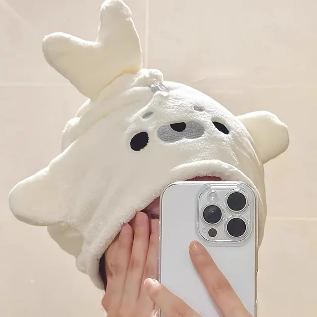 Cute Baby Seal Hair Dryer Cap Coral Fleece Super Absorbent Quick-Drying Non-Shedding Hair Towel Home Use Hair Cap Headscarf