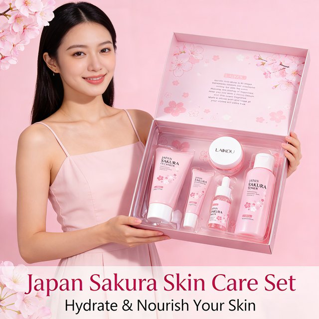 Laikou Japan Sakura Skincare Set 5 Pcs Hydrating Brightening Facial Kit with Cleanser Toner Serum Eye Cream & Essence Cream