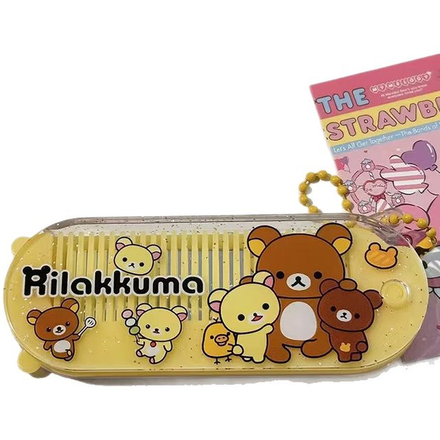 Rilakkuma Cute Cartoon 2 In 1 Folding Comb Mirror Portable Compact Women Girls Hair Brush Massage Smoothing Mirror Comb Set For