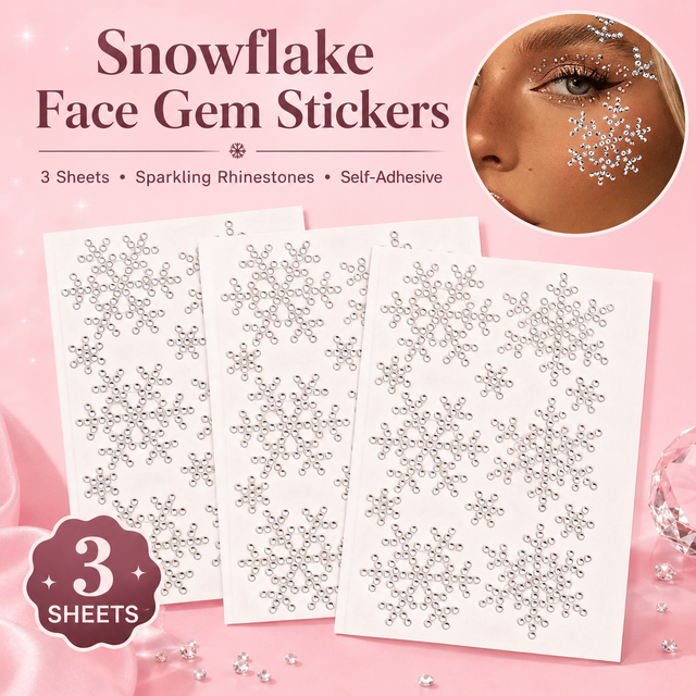 3 Sheets Snowflake Face Gem Stickers, Sparkling Self-Adhesive Rhinestones for Holiday Makeup, Parties & Festivals