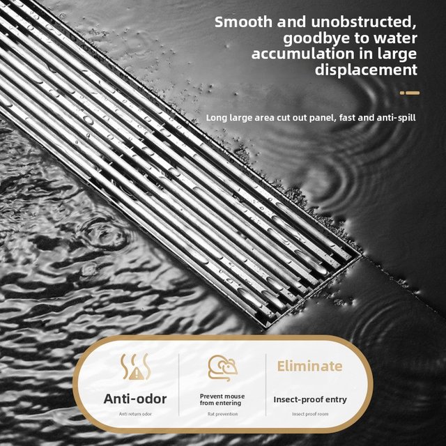 304 Stainless Steel Floor Drain Rectangle Displacement Deodorant Bathroom Shower Long Linear Drainage Side Floor Drains Brushed