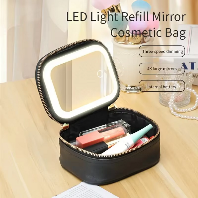 Mini Makeup Bag with Led Mirror Small Travel Cosmetic Organizer 3 Light Adjustable Brightness for women Portable Train Toiletry