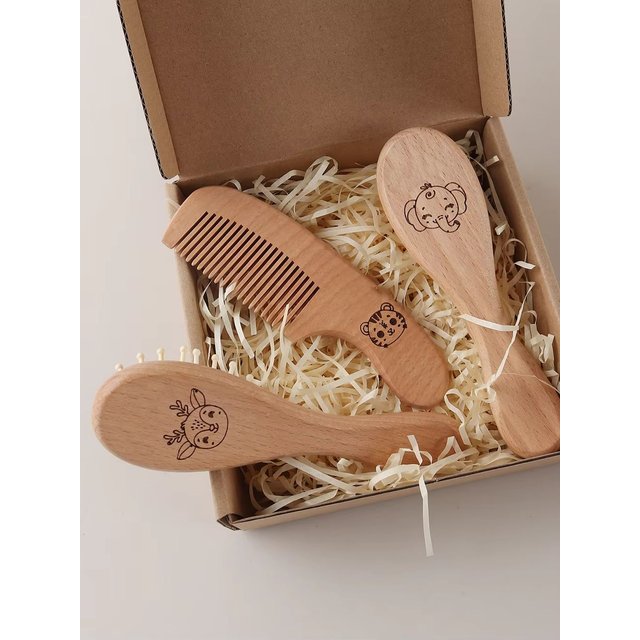 3pcs Set Engraving Elephant Tiger Baby Comb Brush Set Newborn Gift Set Natural Wool Beech Wooden Comb Baby Hair Brush