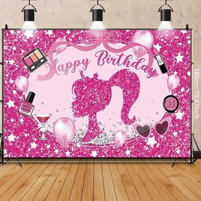Sparkling Balloon Makeup and Spa Themed Banner Background, Pink Girl Princess Birthday Party Decoration Photography Background