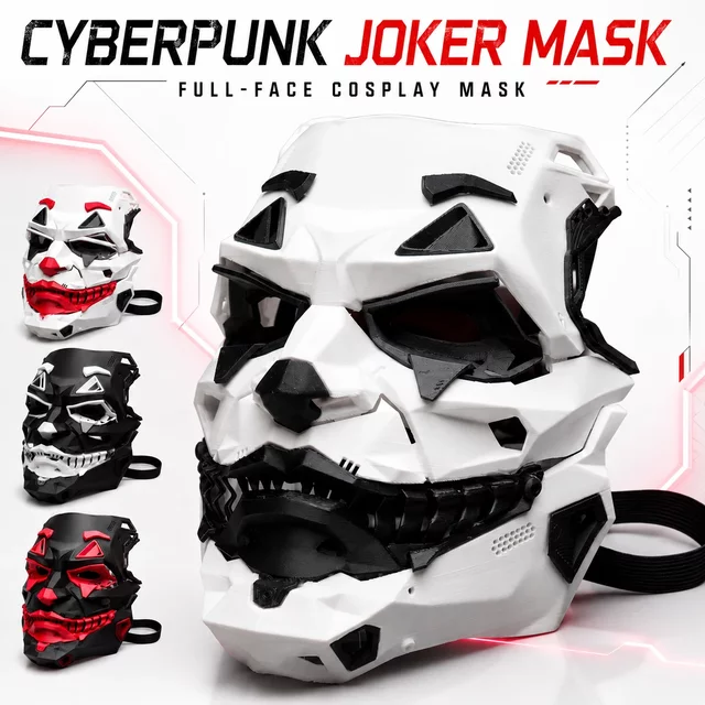 Joker Full Face Mask, Horror Scary Evil Grin Cosplay, Cyberpunkkkk Futuristic Techwear Halloween Party Mask Props