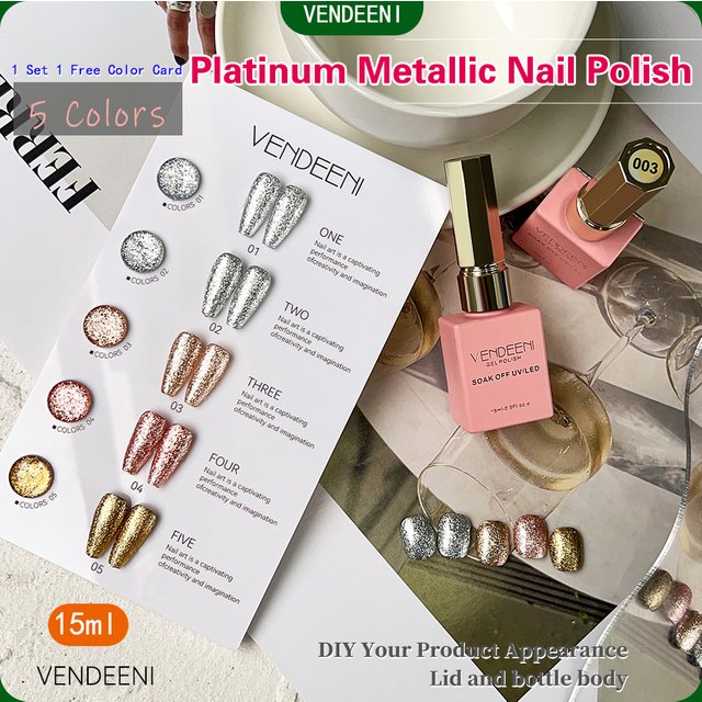 Vendeeni 5 Colors Set Flashing Metal Platinum Gel Nail Polish UV LED Glitter Nail Varnish with Color Card Gold Silver Sequins