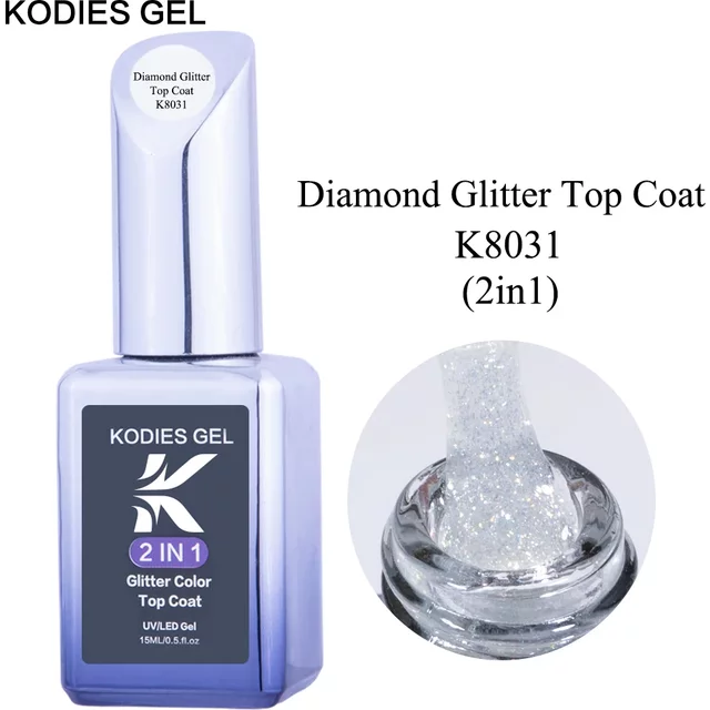 KODIES GEL Diamond Top Coat for Nail Varnish 15ML Super Shine UV Gel Nail Polish Soak Off Semi Permanent Glitter Topcoat No Wipe