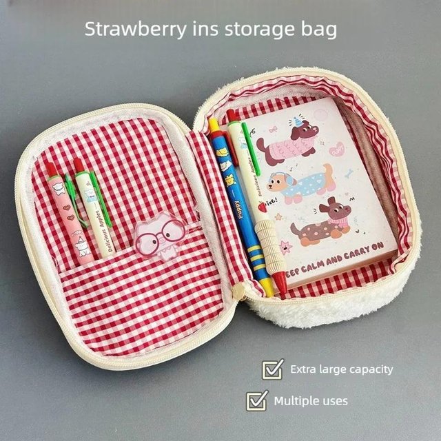 New Cute Ins Plush Strawberry Stationery Storage Bag Fuzzy Cosmetic Pouch Large Capacity Multifunctional Pencil Case Daily Use
