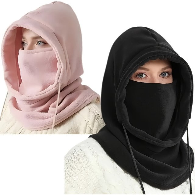 A winter face mask cloak scarf -100% polyester, woven, windproof, warm neck cover with hat, suitable for outdoor activities, cyc