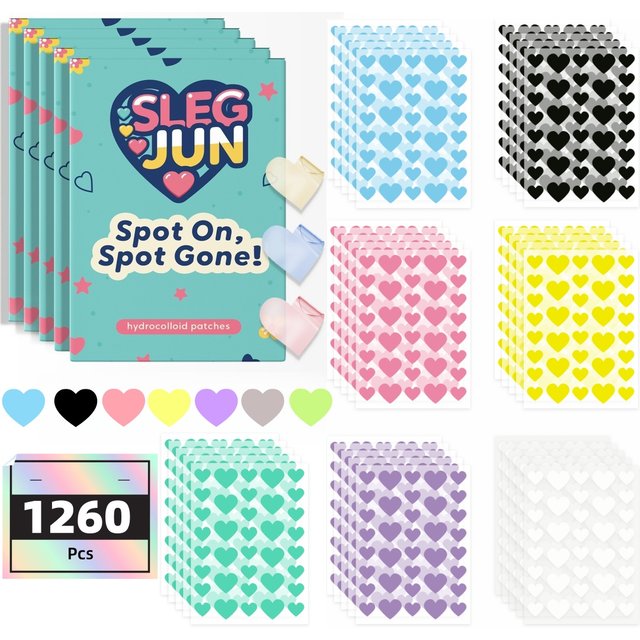 1260 pieces of multi-color heart-shaped acne patches, facial acne patches, concealer acne patches and pimples patches, ultra-thi