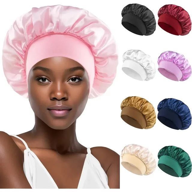 Satin Bonnets Night Sleeping Cap Large Elastic Wide Soft Band Colorful Silk Hat for Curly Hair Care Beauty Makeup for women