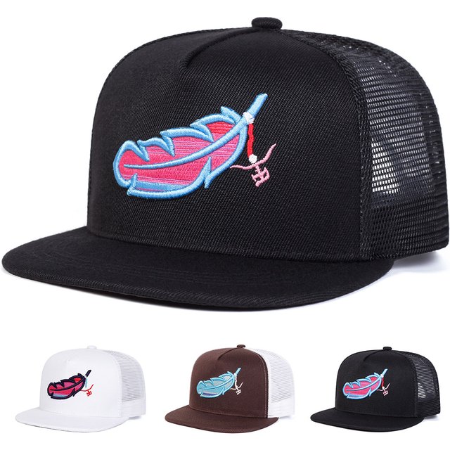 Unisex Colorful Feather Embroidery Hip-hop Net Hats Spring Summer Outdoor Adjustable Casual Baseball Caps Sunscreen Hat