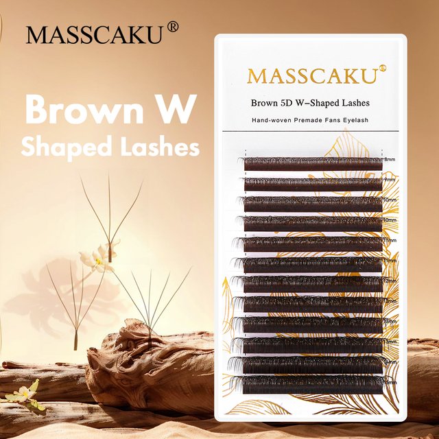 MASSCAKU Extension de cils marron 4D en forme de W, longueur mixte, boucles D, facile à faner, floraison, Pestanas Postizas, idéal pour Maquillaje Mujer