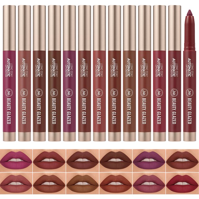 Beauty Glazed 12 Color Lipstick,Long Stay Automatic Lip Crayon, No Smudge,Long Wear, Makes The Three-Dimensional Lip Styling