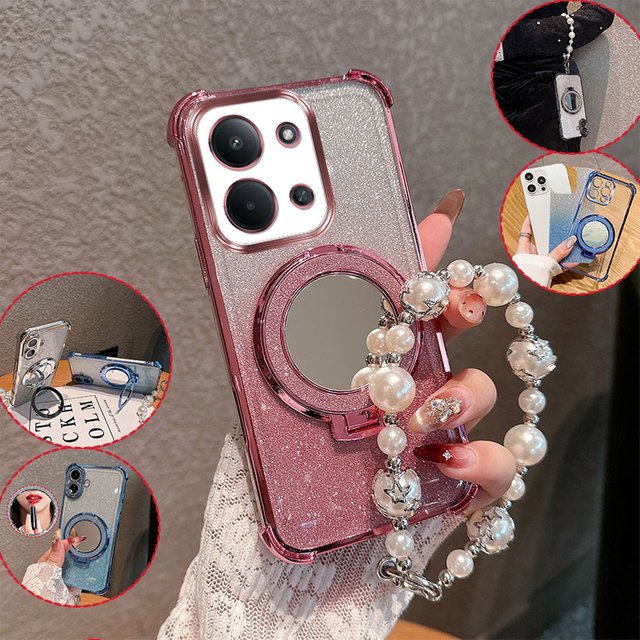 Glitter Lipstick Mirror Stand Phone Case For Xiaomi Redmi 15C Eur Global Poco C85 With Pearl Chain Anti-drop Shockproof Cover