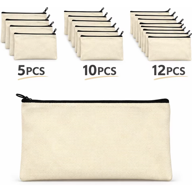 Beige Zipper Pouch Set 5/10/12PCS, Multi-Purpose Canvas Cosmetic & Travel Organizer Bags for Daily Storage, Office & Cables