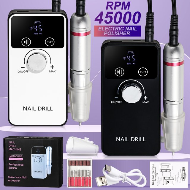 45000RPM Professional Nail Drill Machine Rechargeable Electric Nails Sander File for Manicure Gel Nail Polish Sander Low Noise