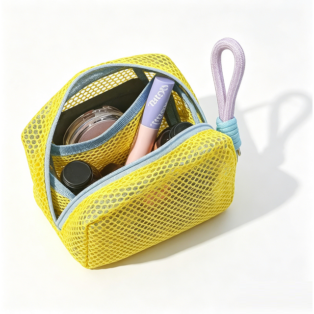 Candy Color Square Mesh Cosmetic Organization Storage Bag with Zipper Portable Sundries Pouch For Travel With Rope