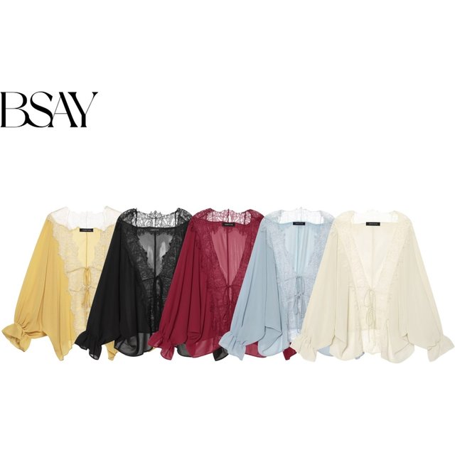 BSAY 2026 Vintage Women Fashion Sheer Blouse Lace Trim V Neck Front Drawstring Flare Sleeve Casual Beach Sunscreen Cover Up Top