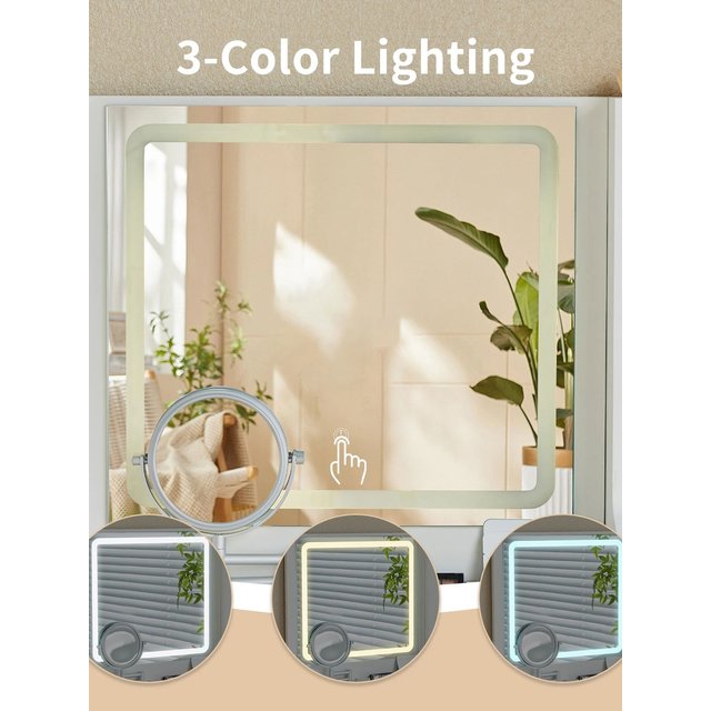 AINPECCA Dressing Table with LED Lights, Vanity Desk with Led Mirror and Drawers Hidden Shelves Stool, Makeup Desk for Bedroom