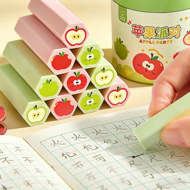 6/12pcs Cute Apple Erasers Versatile Facial Expressions Hexagonal Shaped Pencil Erasers for Cleaning Less Dust Erasers A3289