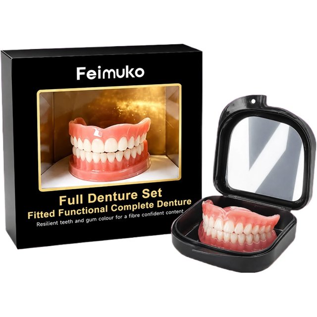 Natural Cosmetic Denture Kit - Realistic Upper & Lower Teeth Set, Cleaning Tools, Instant Smile Veneers, Comfort Fit Daily Wear
