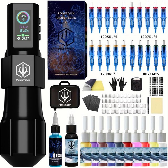 Tattoo Kit Or Tattoo Machnie POSEIDON New Cool Tattoo Pen Kit For Permanent Makeup Tattoo Machine Kit Wireless Tattoo Gun Kit