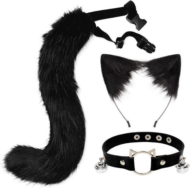 ZOETOPKID Furry Anime Animal Fur Fox Tail Cat Collar Gloves and Ears Headwear Face Mask Cosplay Costume 3pcs Set Halloween Props