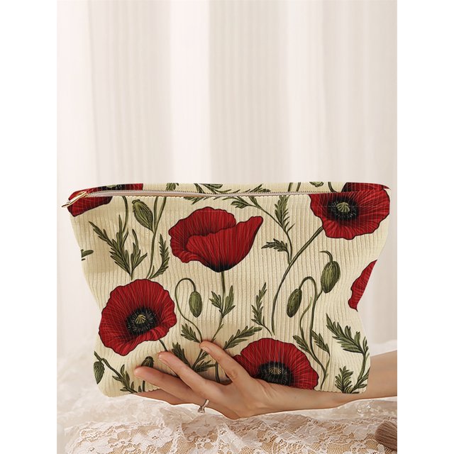 1 floral patterned printed corduroy makeup bag, lightweight zipper makeup storage box, multifunctional bag with lining