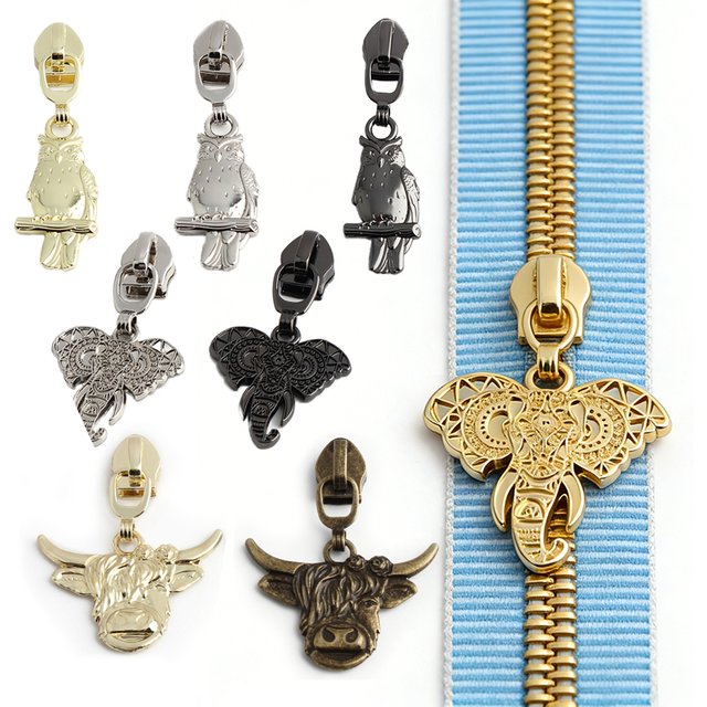 5PCS #5 Nylon Zipper Heads with Owl and Elephant Theme - Suitable for Makeup Bags Luggage and Clothing - DIY Wallet Making