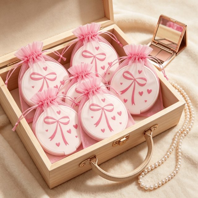 10-50Sets Round Pocket Makeup Mirrors Pink Bow Heart Design Foldable Cosmetic Mirror Wedding Bridal Shower Party Supplies