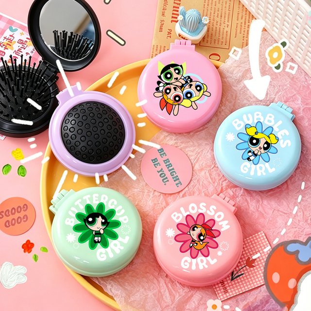 The Powerpuffs Girls Air Cushion Comb Mirror Two-in-one Anime Hair Brush Looking Glass Women Portable Hairstyle Accessories Gift