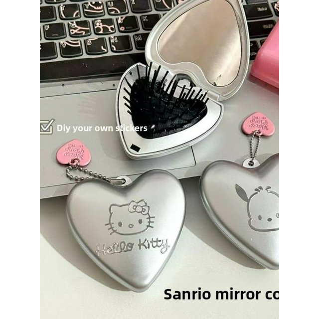 New Cute Cartoon Heart-Shaped Folding Mirror Comb DIY Airbag Kitty Portable Makeup Mirror Dual-purpose and Portable