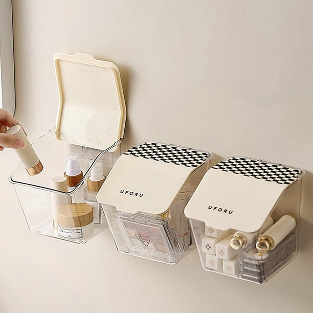 Wall Mount Clear Plastic Makeup Storage Box with Lids Small Storage Organizer Bins Wall Mounted with Punch-Free Home Essentials