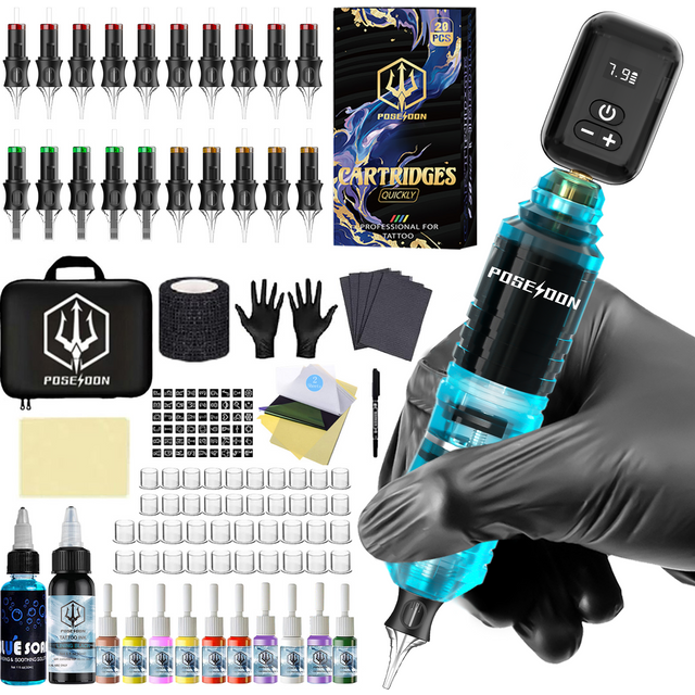 Tattoo Kit POSEIDON V5 Blue Tattoo Pen Kit For Permanent Makeup Tattoo Machine Kit High Power Tattoo Power Supply Tattoo Gun Kit
