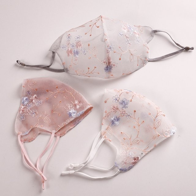 Masque de protection solaire pour femme avec dentelle brodée, masque facial élégant en maille - Masque de fête à broderie florale délicate