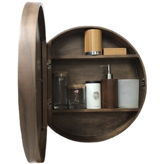 Round Bathroom Mirror Cabinet With Lamp Solid Wood Smart Mirror Case Anti-fog Storage Bathroom Makeup Wall Hanging Round Mirror