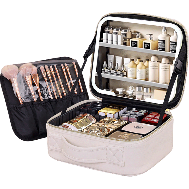 Women Travel Makeup Pouch with LED Mirror Cosmetic Case Organizer Storage Bags with 3 Color Lights and Adjustable Dividers