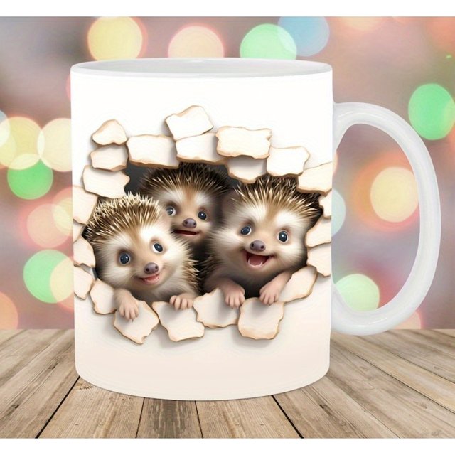 1pc 3D Three Hedgehogs Mug with Hole-in-Wall Design - 11oz Couple Mugs, Microwave Safe & Hand Wash Only, Valentine's Day Gift fo