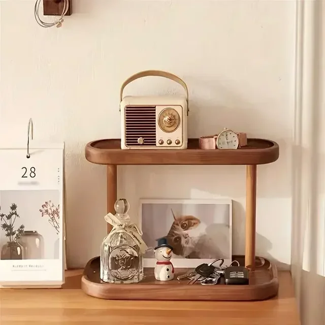 2 Tiers Desktop Wooden Storage Shelf Organizer Display Rack Desk Dressing Table Cosmetic Stationery Household Storage