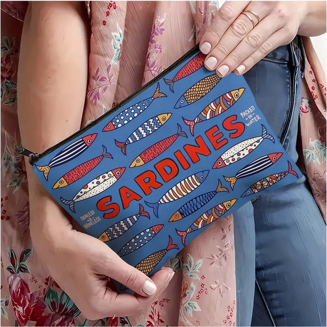 Retro Sardine Print Cosmetic Bag - Vibrant Mixed Colors, Durable Fabric, Compact Travel Makeup Pouch & Pencil Case
