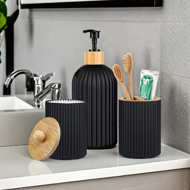 Bathroom Toiletries Set Container Hand Soap Dispenser Toothbrush Holder and Cotton Ball Box Bathroom Decor Apothecary Jars
