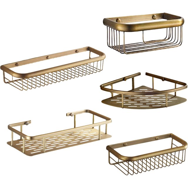 Bathroom Shelf 20cm/30Cm/45cm Single Tier Antique Brass Shower Basket Bath Soap Shampoo Storage Holder Wall Mounted Nzh120