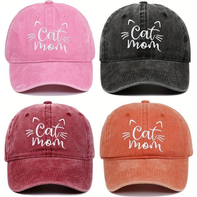 Ladies Embroidered Cat Mom Baseball Cap, Wash Cotton Adjustable Sunscreen Hat,Cartoon Theme, Birthday Gift, Outdoor Spire Caps
