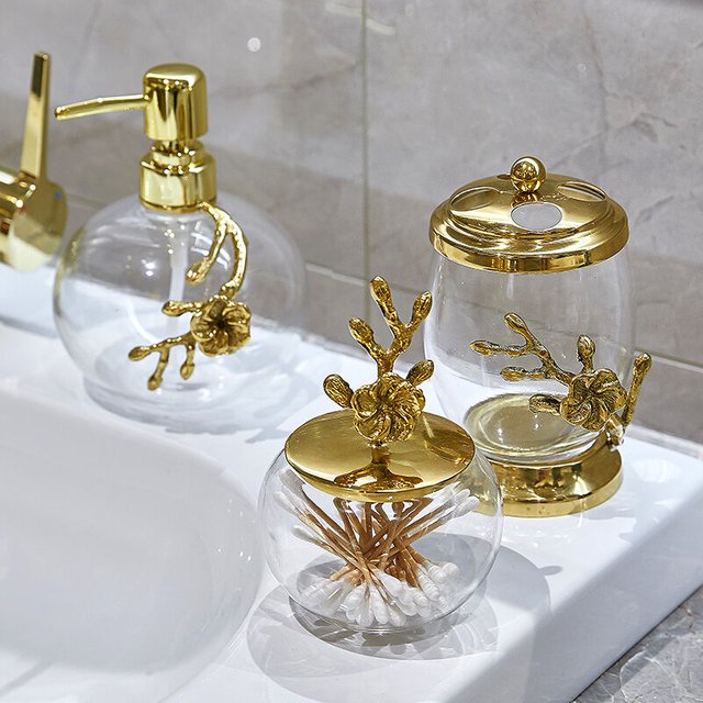 Luxury Retro Bathroom Accessories Set Plum Lotion Bottle Toothbrush Holder Cotton Storage Tank Round Tray Bathroom Decoration
