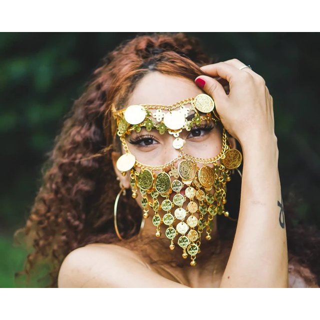 Masque de mascarade de luxe pour femmes, cloche de pièce de monnaie, voile, chaîne faciale, scène de